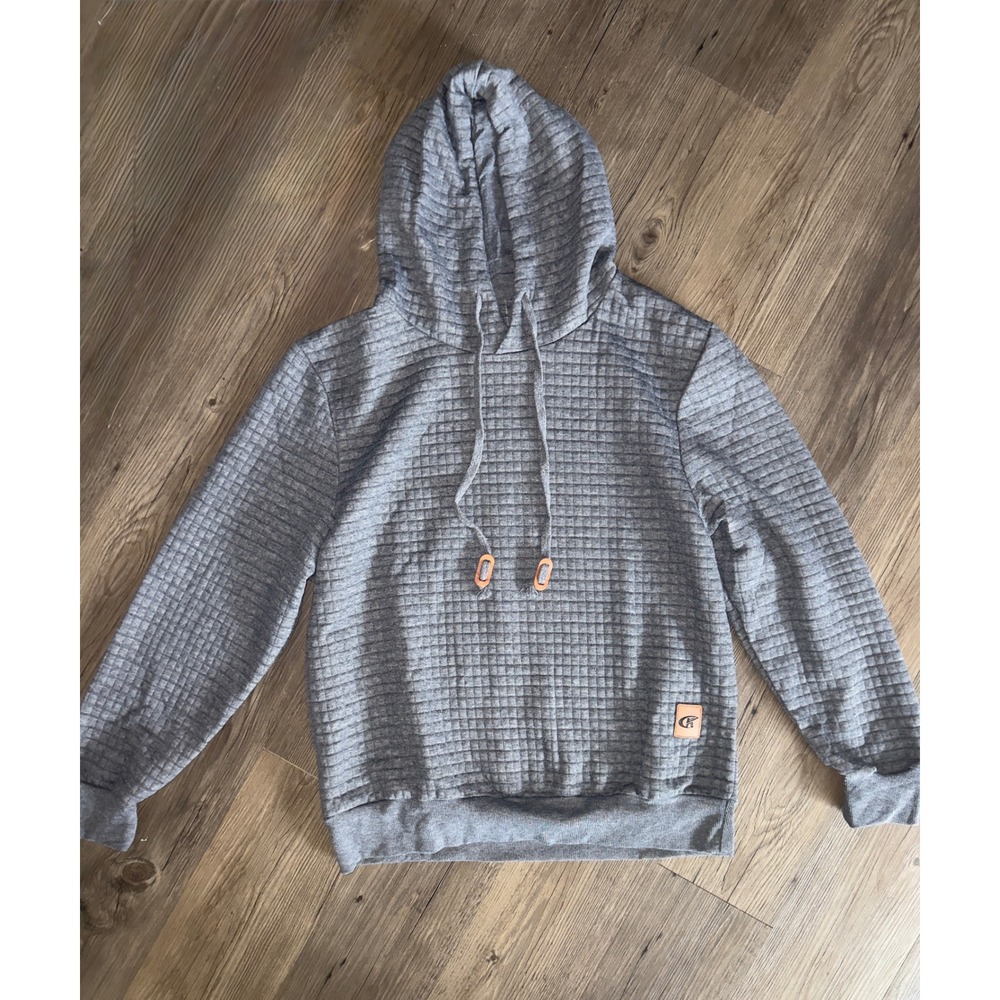Mens Grey Waffle Knit Hoodie Textured Grid Pullover Sweatshirt Size Medium